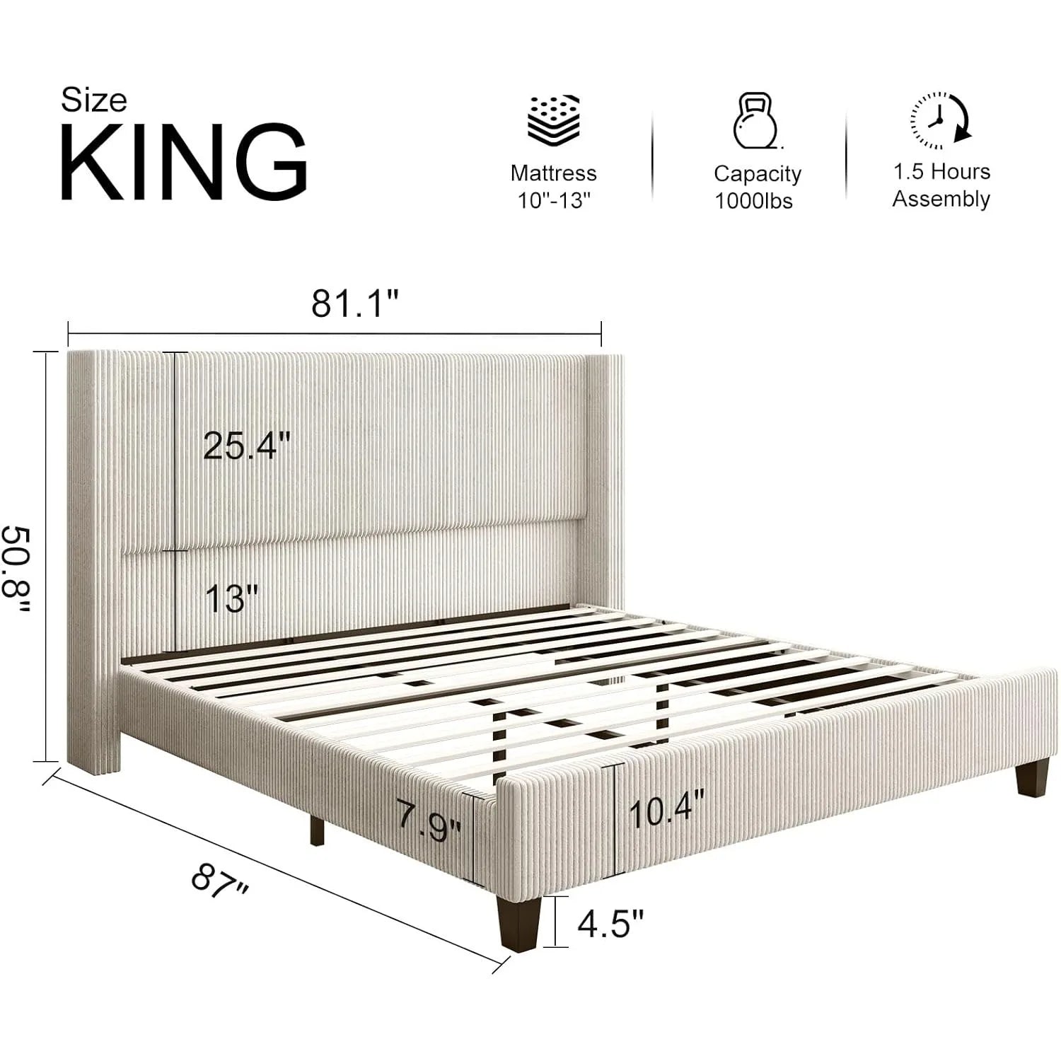 Extra large cushioned platform bed frame, canvas bed with 50.8-inch headboard, no need for springs/no noise/cream color