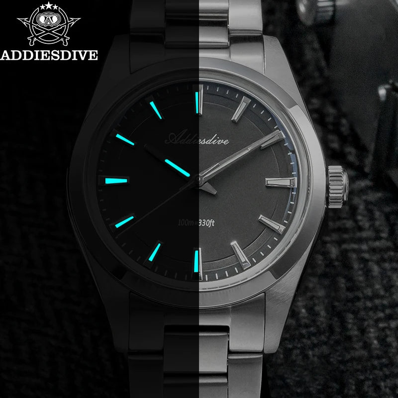 ADDIESDIVE Hot Sale Quartz Watch Simple 10Bar Steel Dive Wristwatch Bubble Mirror Pot Cover Glass Sports 36mm Men Watches AD2066