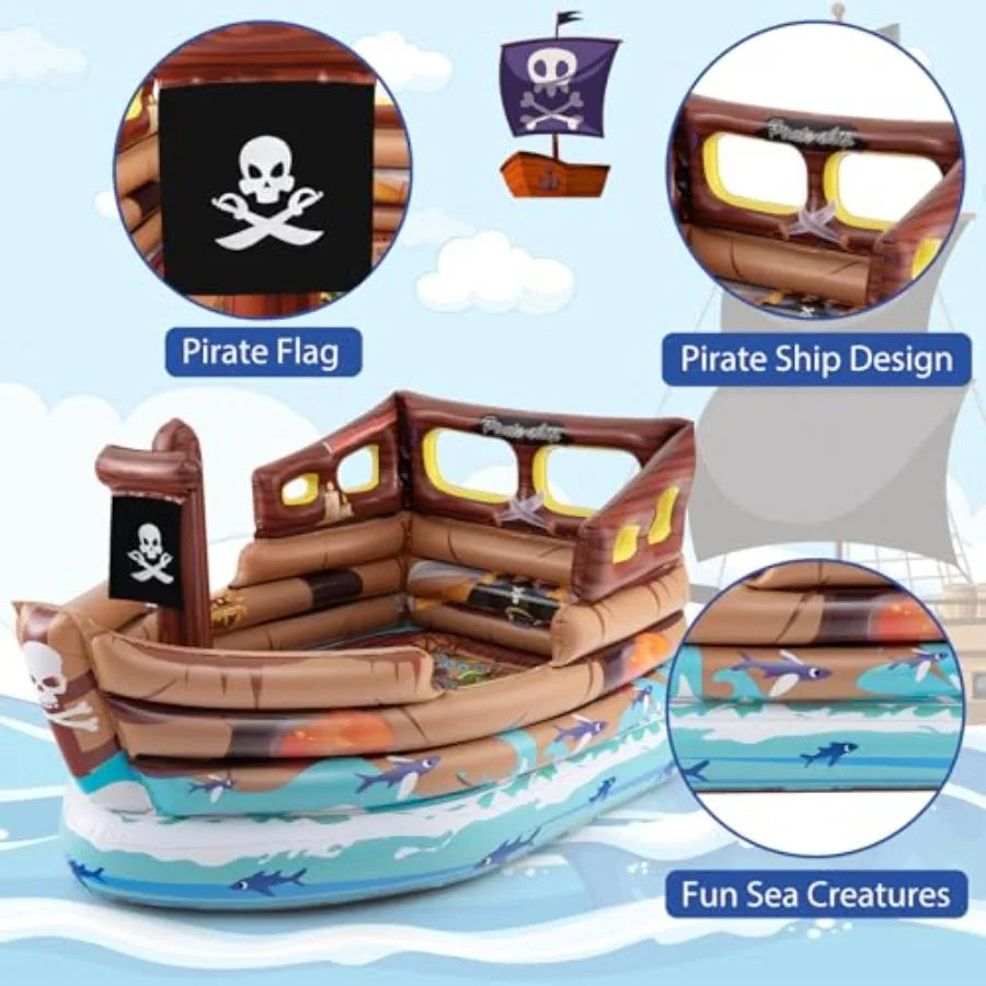 Pirate Ship Bounce House Inflatable with Built-in Motor Boat Shaped for Aged 3+ Indoor Outdoor Party Game Includes Sword Hat Re