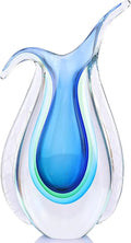 Artisan Hand Blown Glass Vase, Murano-Inspired Ellipse Design, Blue Art Glass for Single Stem Flowers, Elegant Table Centerpiece