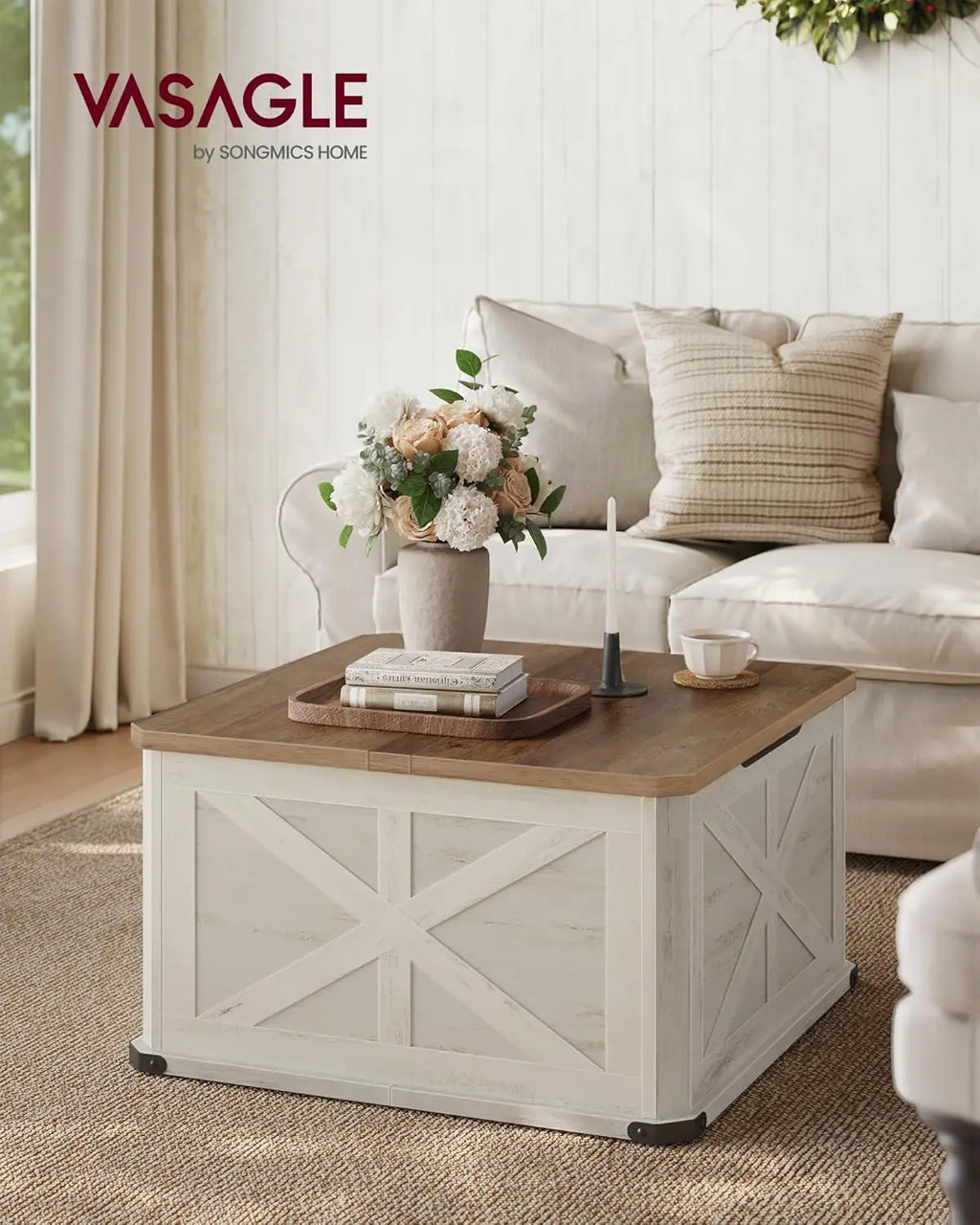Farmhouse Coffee Table with Storage Square Living Room Center Table Flip Top Lids Honey Brown