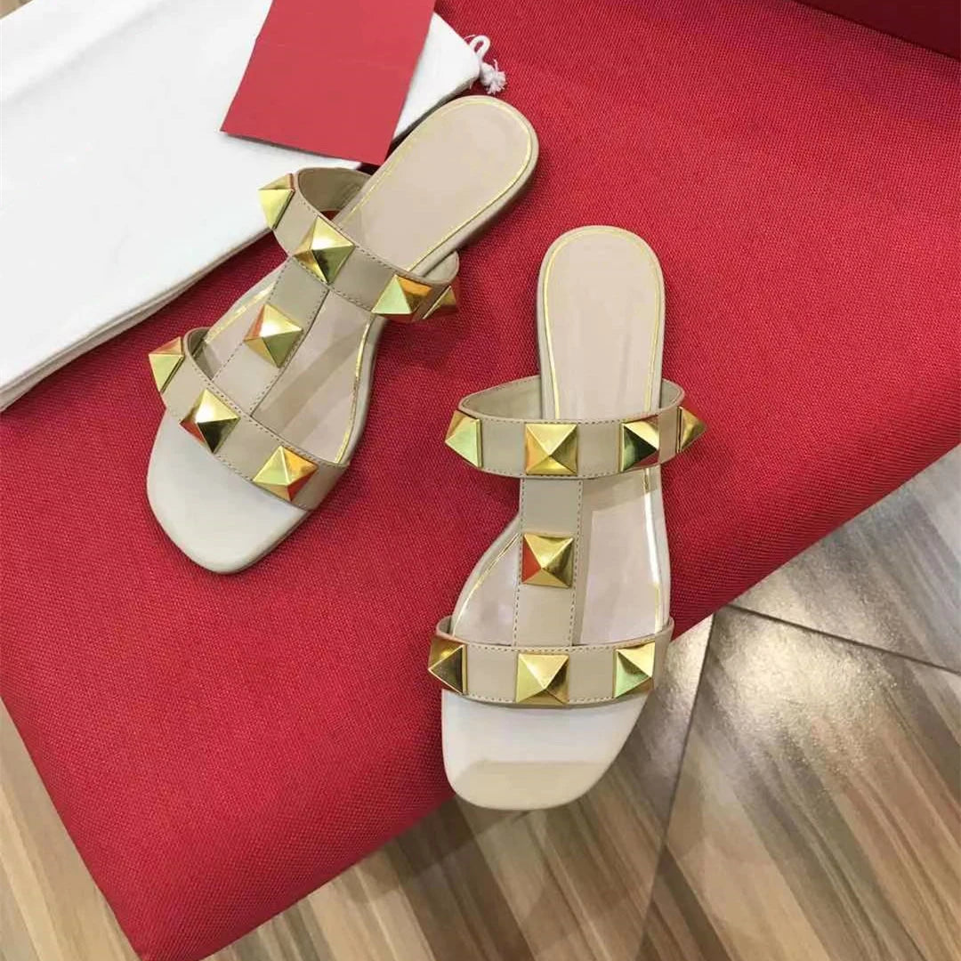 SHIYUNJIN Shoes Women Size35-42 Genuine Leather Sandals Rivet Pumps Summer Leisure Flats Buckle Strap Designer Shoes Zapatillas