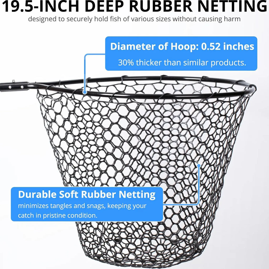 Large Fishing Landing Net with Telescoping Handle, Soft Rubber Mesh for Boat Pier River Angling