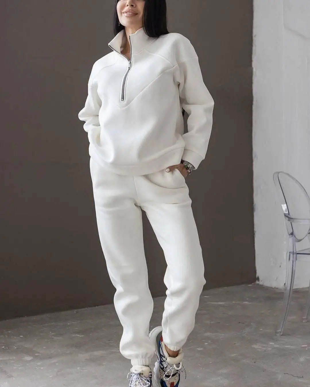 Sports Suit Zippered Solid Color Long-sleeved Winter Pullover Sweatshirt Set With Leggings Trousers Sets Womens Two Piece Outfit