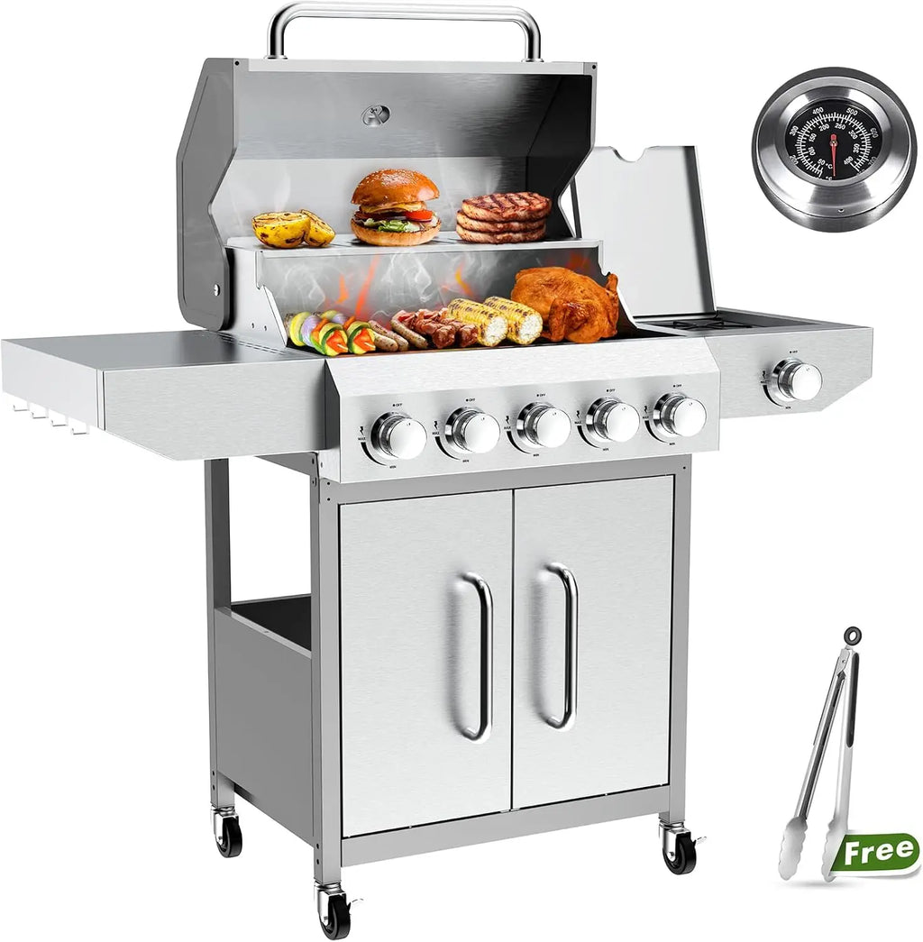 68,000 BTU 5+1 Burner Propane Grill - Stainless Steel BBQ with 647 sq in UPGRADED OIL-DRAIN Plates, Cast Iron Grates, Side Burne