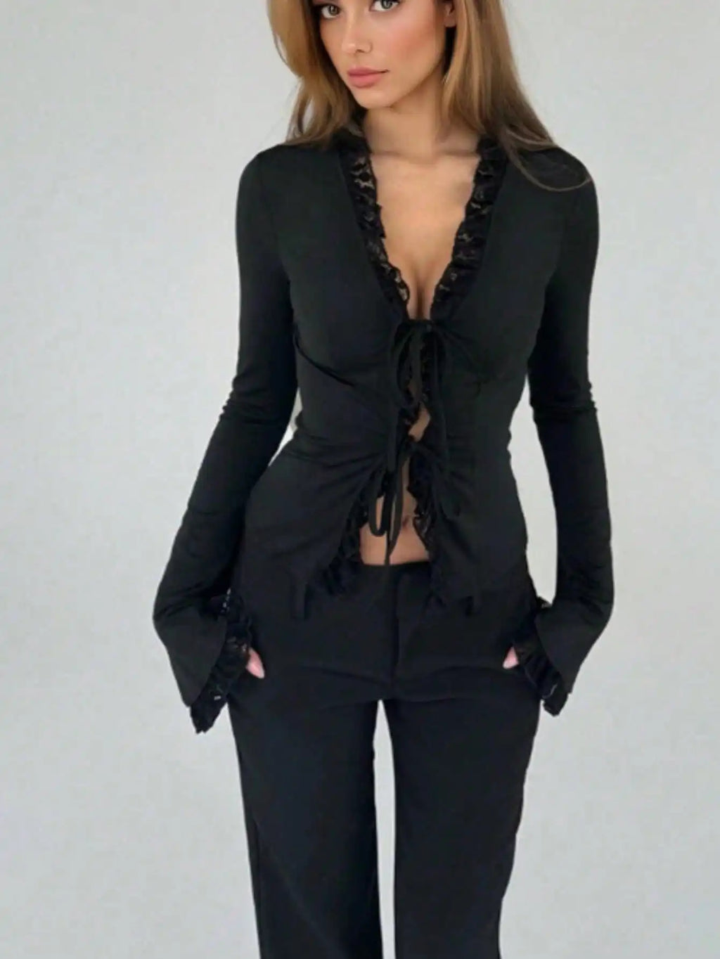 Gala-Ready Ruffle Sleeve Blouse - Fall Sexy V-Neck Blouse - Ruffled Bell Sleeve & Tie Detail Slim Fit Shirt