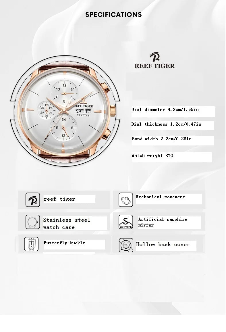 reef tiger Men's Mechanical Watch, Fully automatic multi-functional dual calendar Business men's watch, Men's clock RGA1699