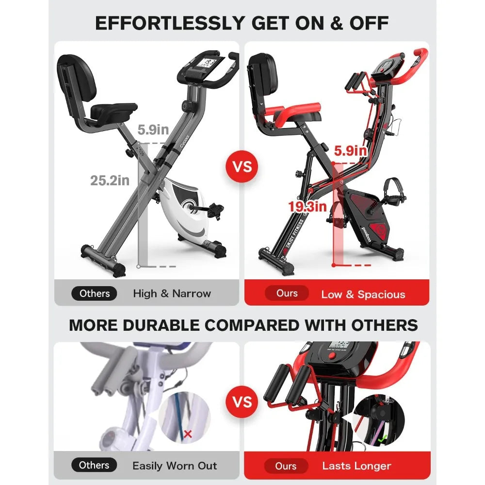 Folding exercise bike, fitness stationary bike, grade 8 adjustable resistance, back support pad for home gym workouts