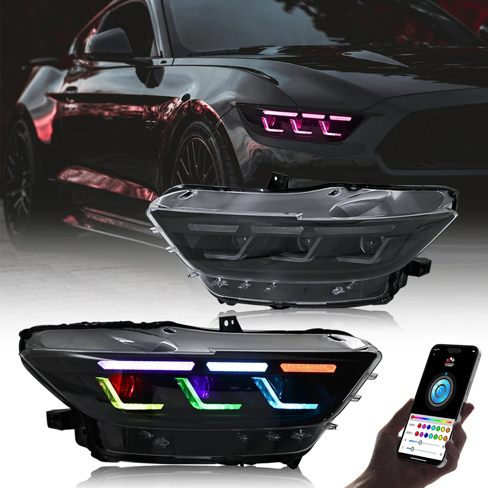 RGB Headlights For Ford Mustang 2015-2017 A Pair of LED HeadLamps Assembly Projector Car Accessories