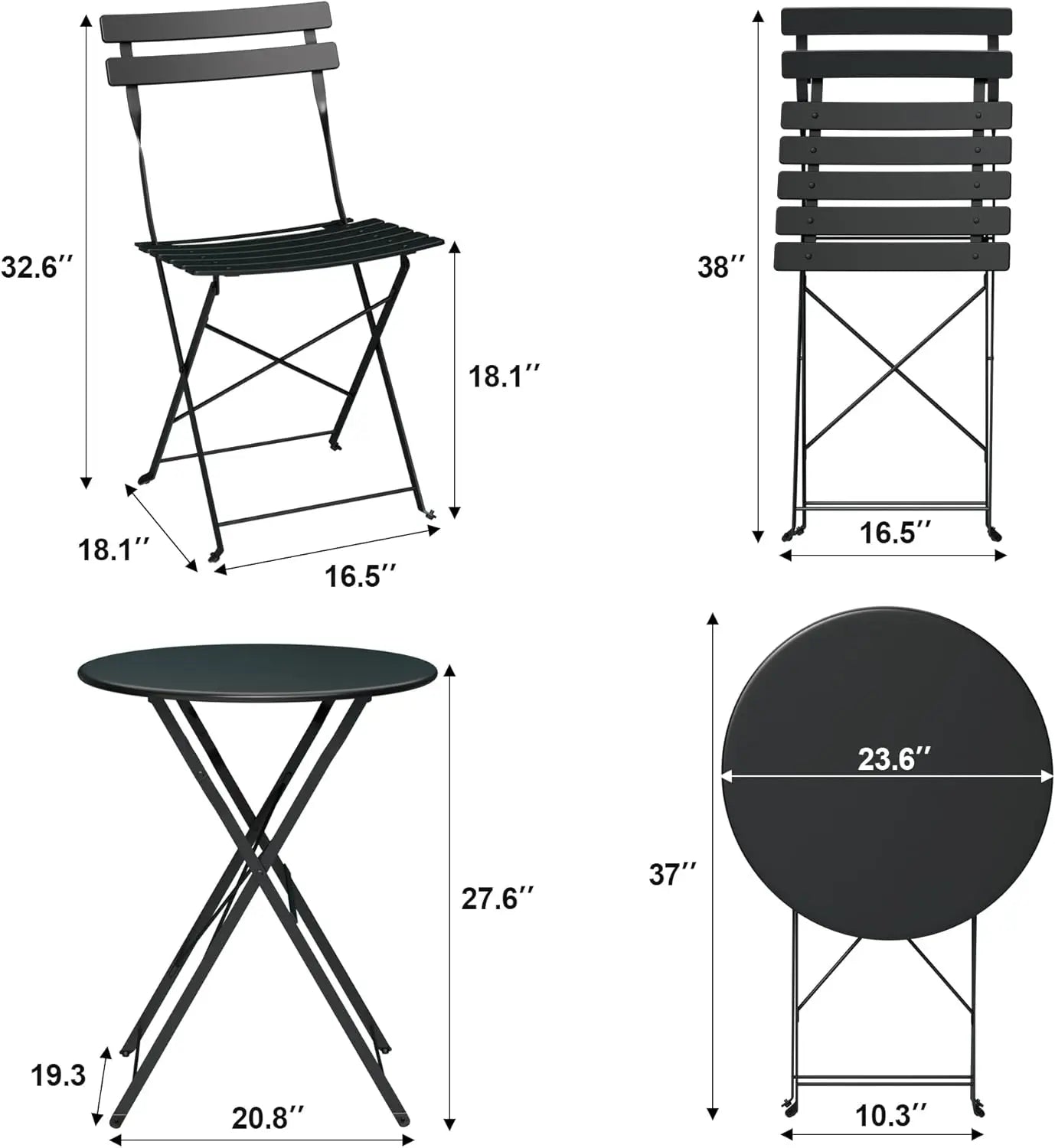 2-Piece Folding Bistro Table and Chairs Set, Indoor/Outdoor Patio Furniture in Black