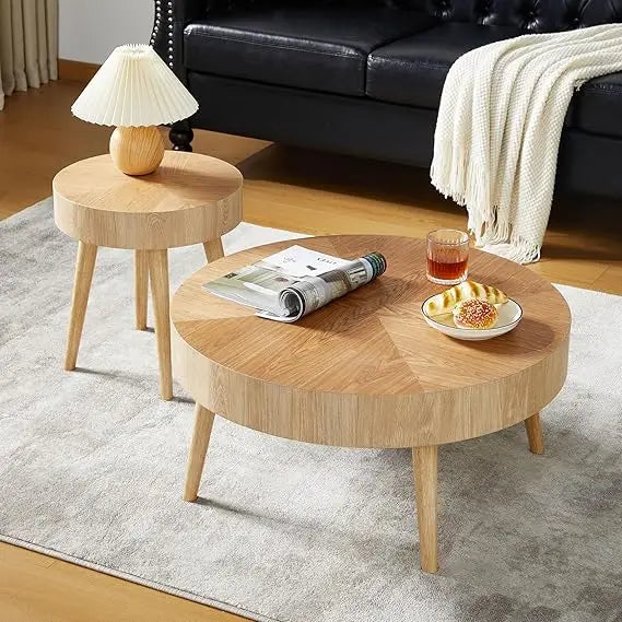 Nesting Round Coffee Table Set of 2, Farmhouse Modern Coffee Table, Natural Wood Nesting Tables Boho Side Table End Table