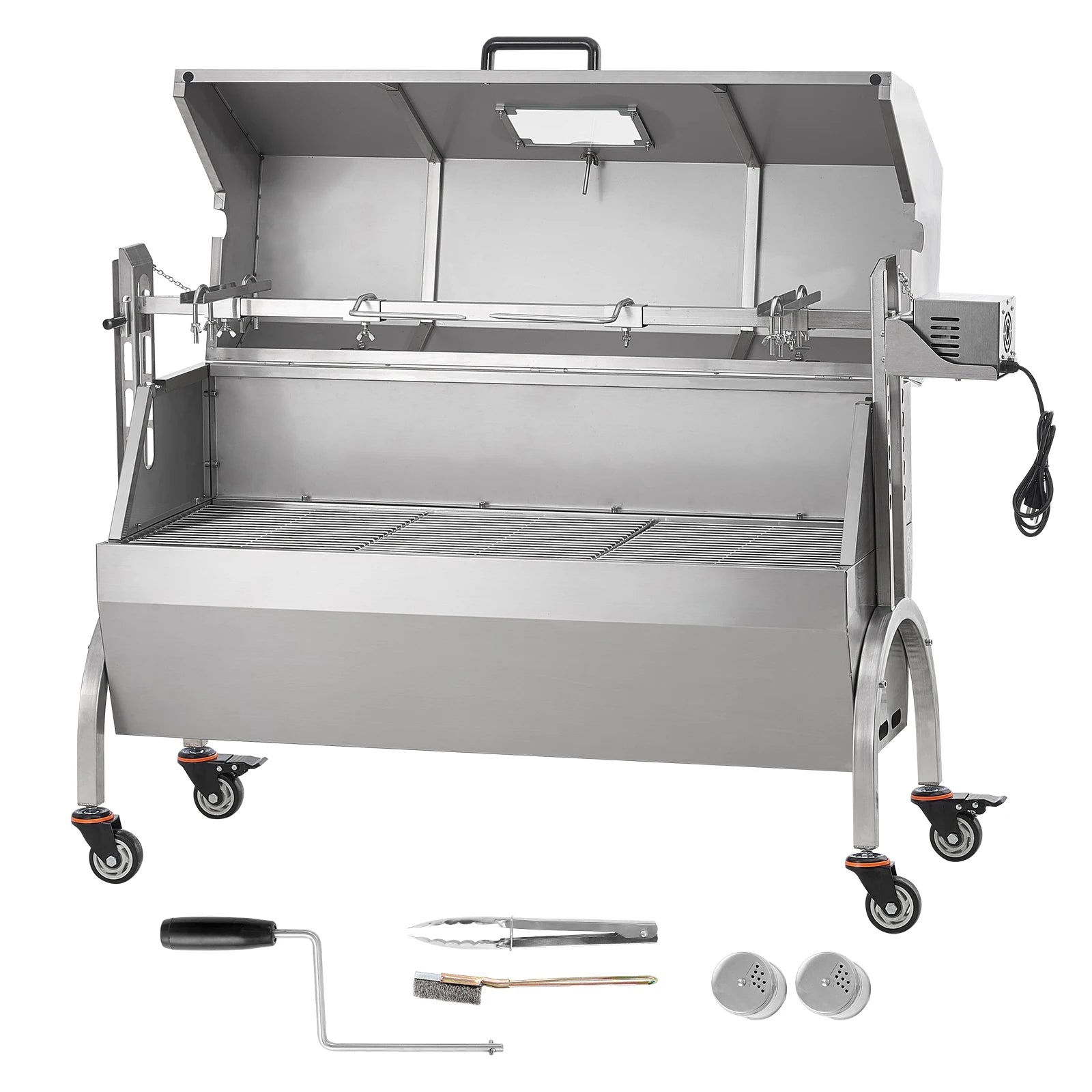 SucceBuy Rotisserie Grill with Hooded Cover BBQ Whole Pig Lamb Goat Charcoal Spit Grill Electric Motor Stainless Steel Roaster
