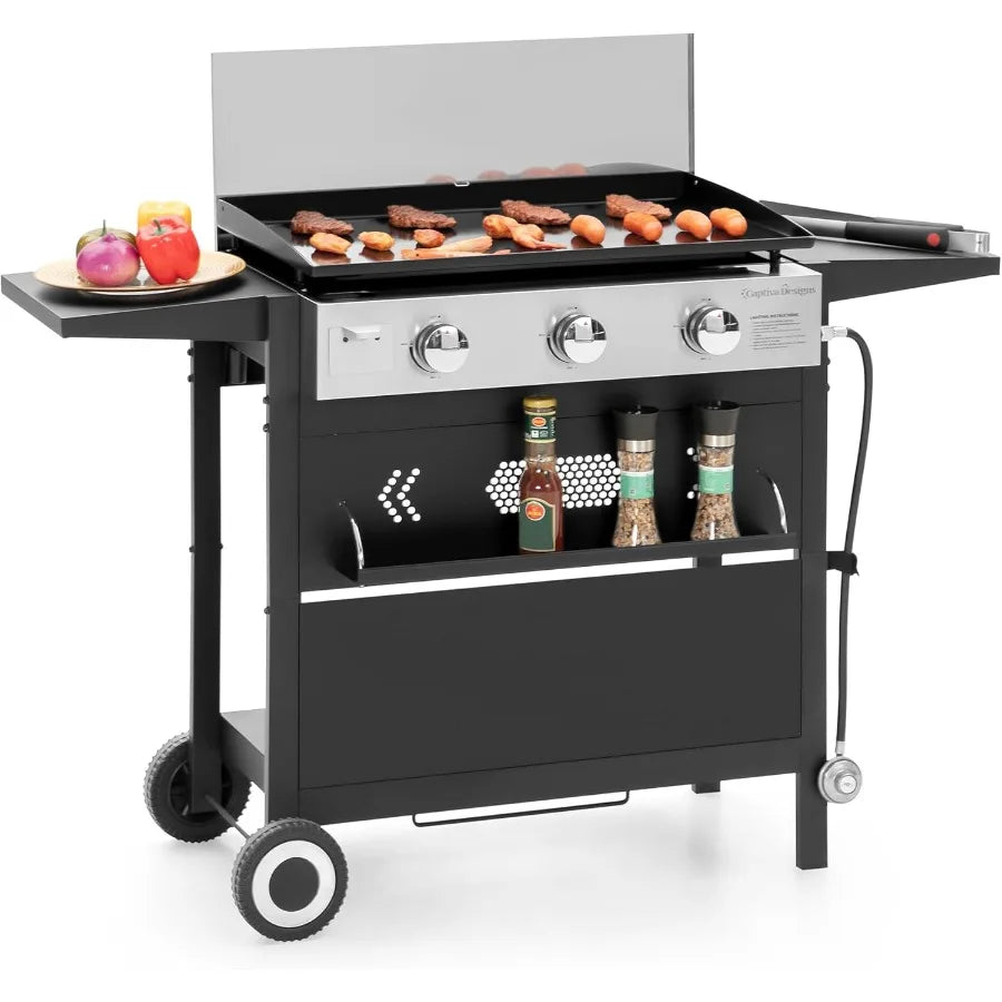 27 in Flat Top Griddle Grill with Ceramic Coated Cast Iron Pan 3-Burner Propane Gas Griddle Grill 33 000 BTU Output for Outdoor