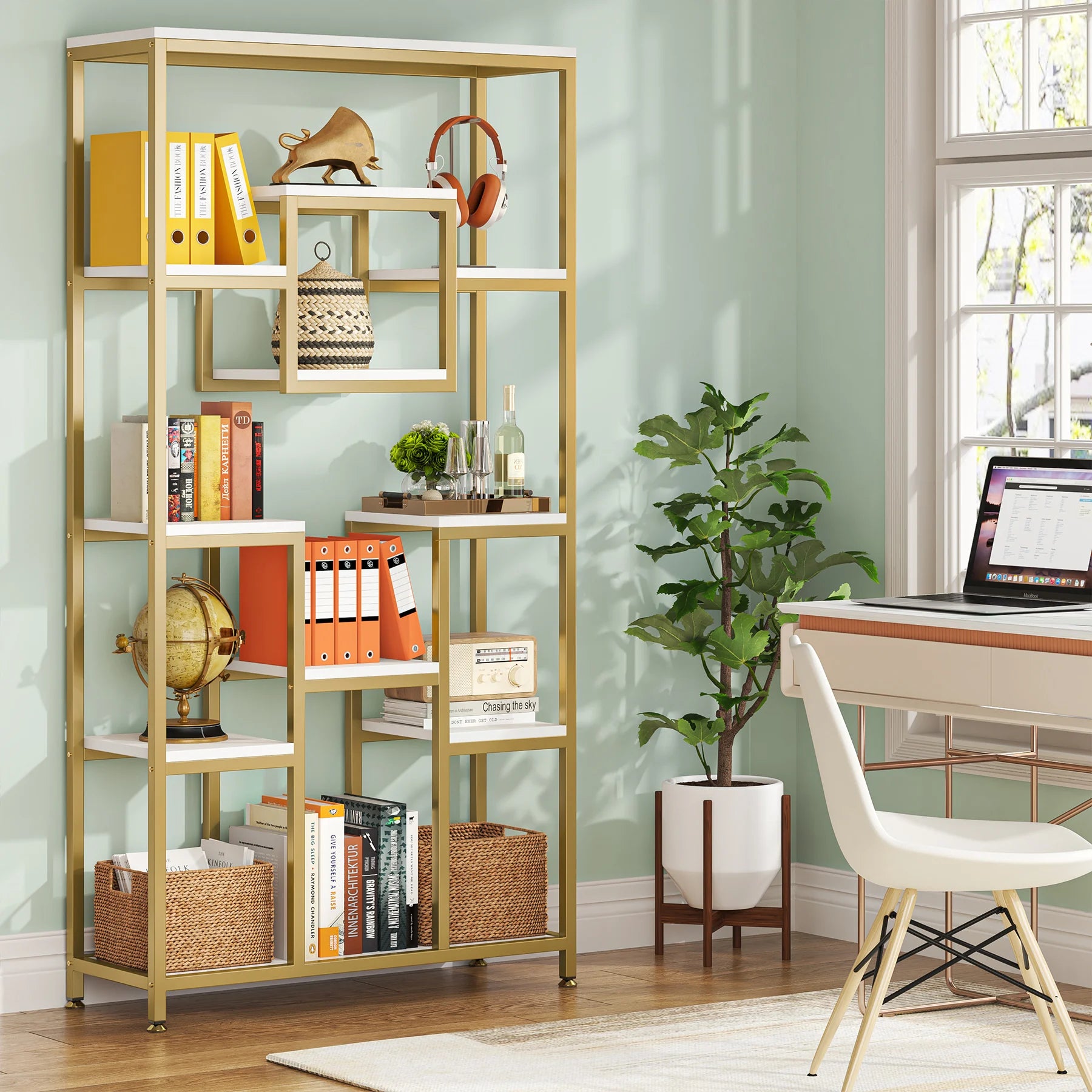 Tribesigns Bookcases and Bookshelves, 71” Tall Bookshelf with Metal Frame, Freestanding Geometric Bookcase