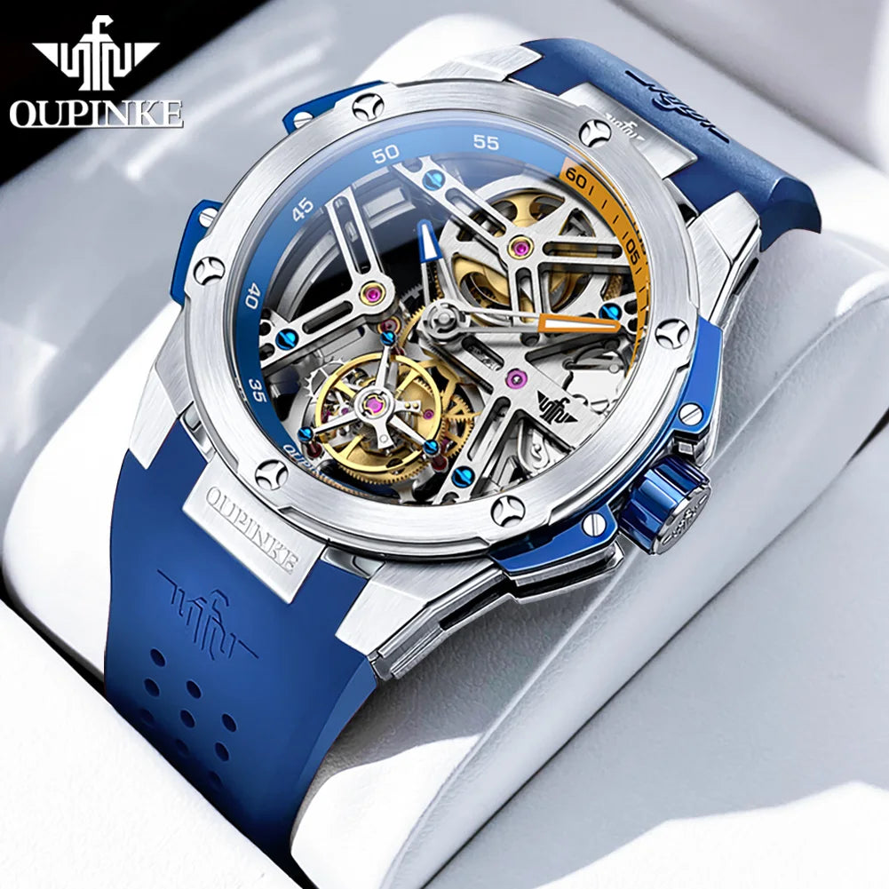 OUPINKE Tourbillon Movement Top Brand Men's Watches Waterproof Silicon Tape Automatic Mechanical Watch Hollow Out Original Watch