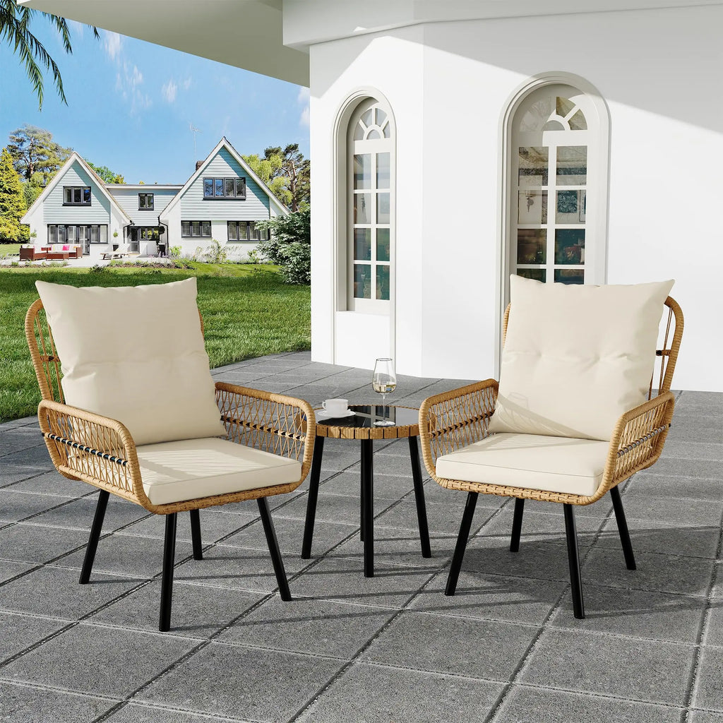 3 Piece Outdoor Patio Bistro Set, Glass Top Coffee Table and Cushioned Chairs Set of 2, All-Weather Rattan Balcony Furniture Set