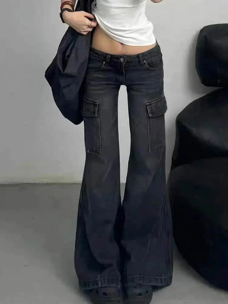 Trendy American Style Low Waist Micro Flared Work Denim Jeans Women's Autumn/Winter New Pocket Slimming Casual Pants