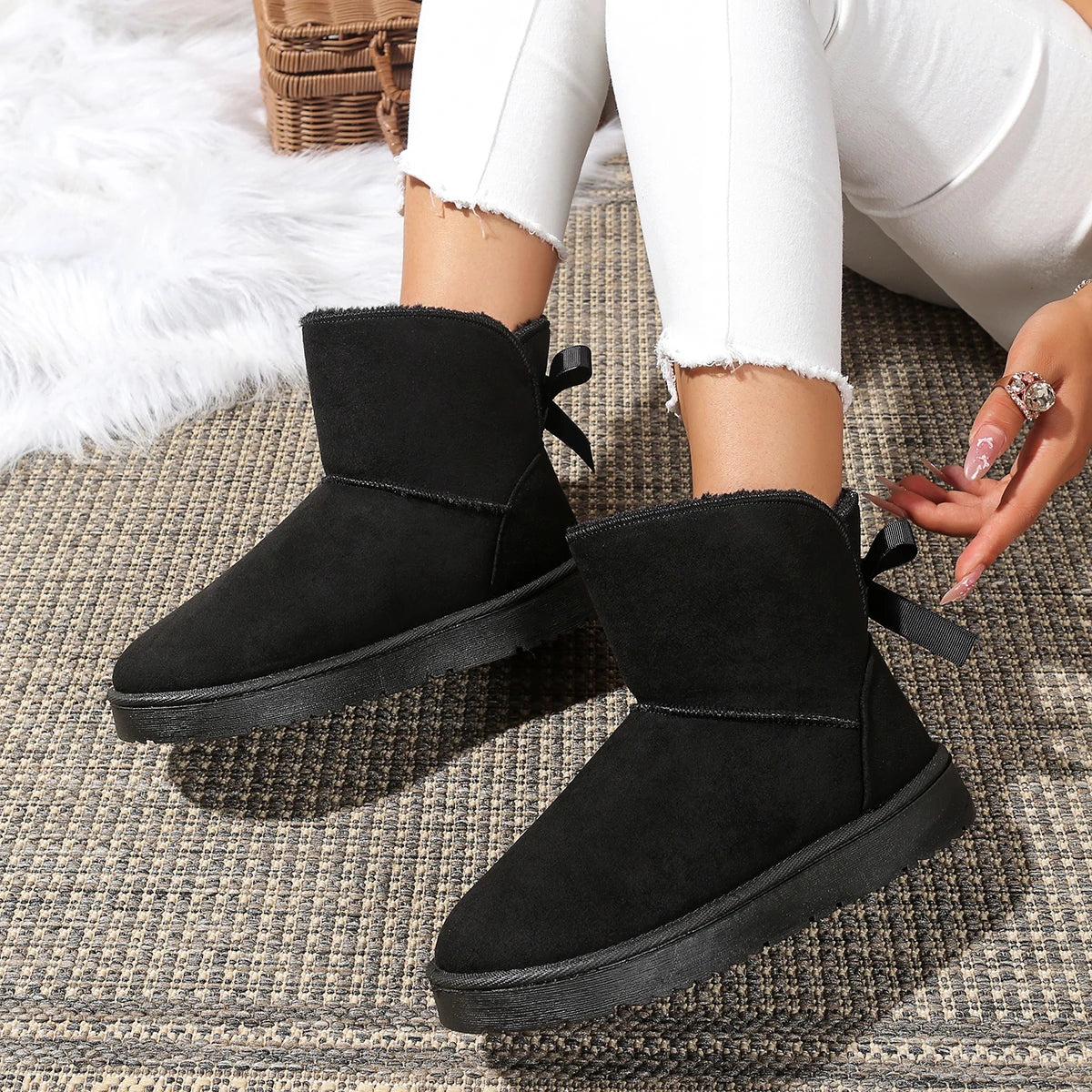 2025 New Women Snow Boots Couples Ankle Boots Fashion Round Toe Bow Thick Plush Casual Comfortable Women's Boots