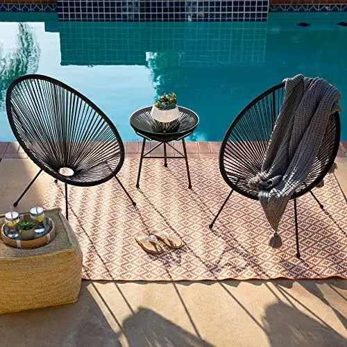 3-Piece Outdoor Acapulco All-Weather Patio Conversation Bistro Set w/Plastic Rope, Glass Top Table and 2 Chairs - Black