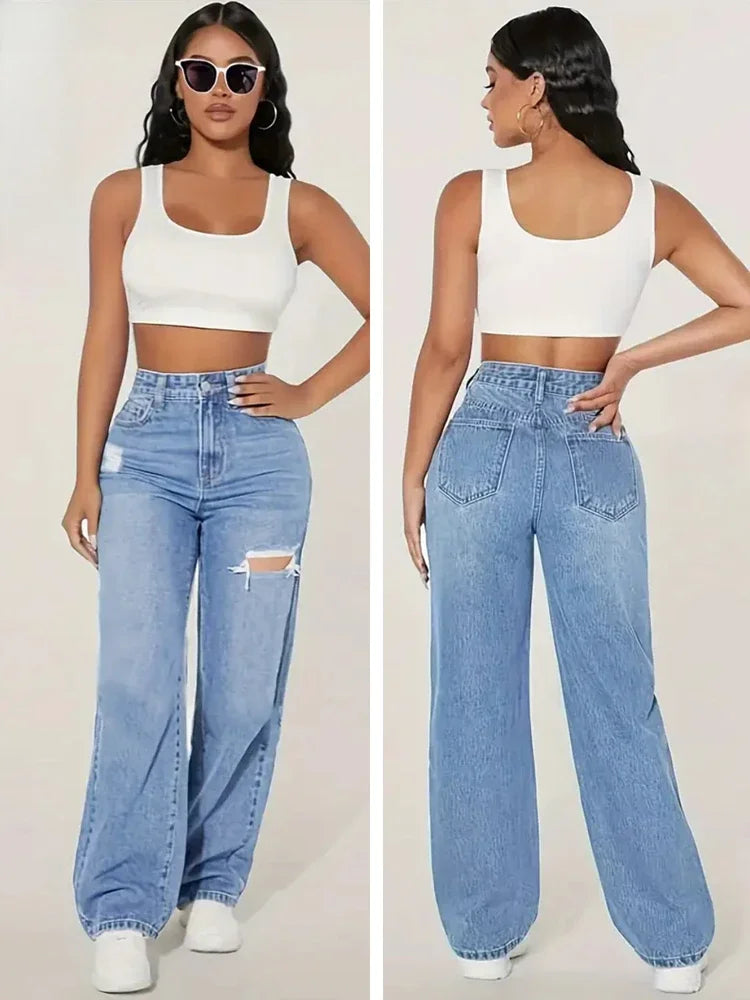 2025 Pants Women's Jeans New Y2K Washed Blue Straight Loose Fit High Waist Hole Trousers Fashion Personality To Do Old Denim
