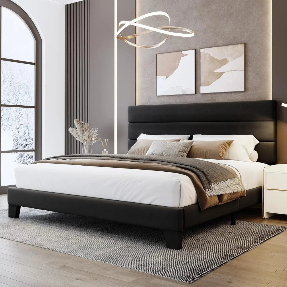 WEEWAY King Bed Frame Platform Bed with Velvet Upholstered Headboard and Wooden Slats Support, Heavy Duty Mattress Foundation, N