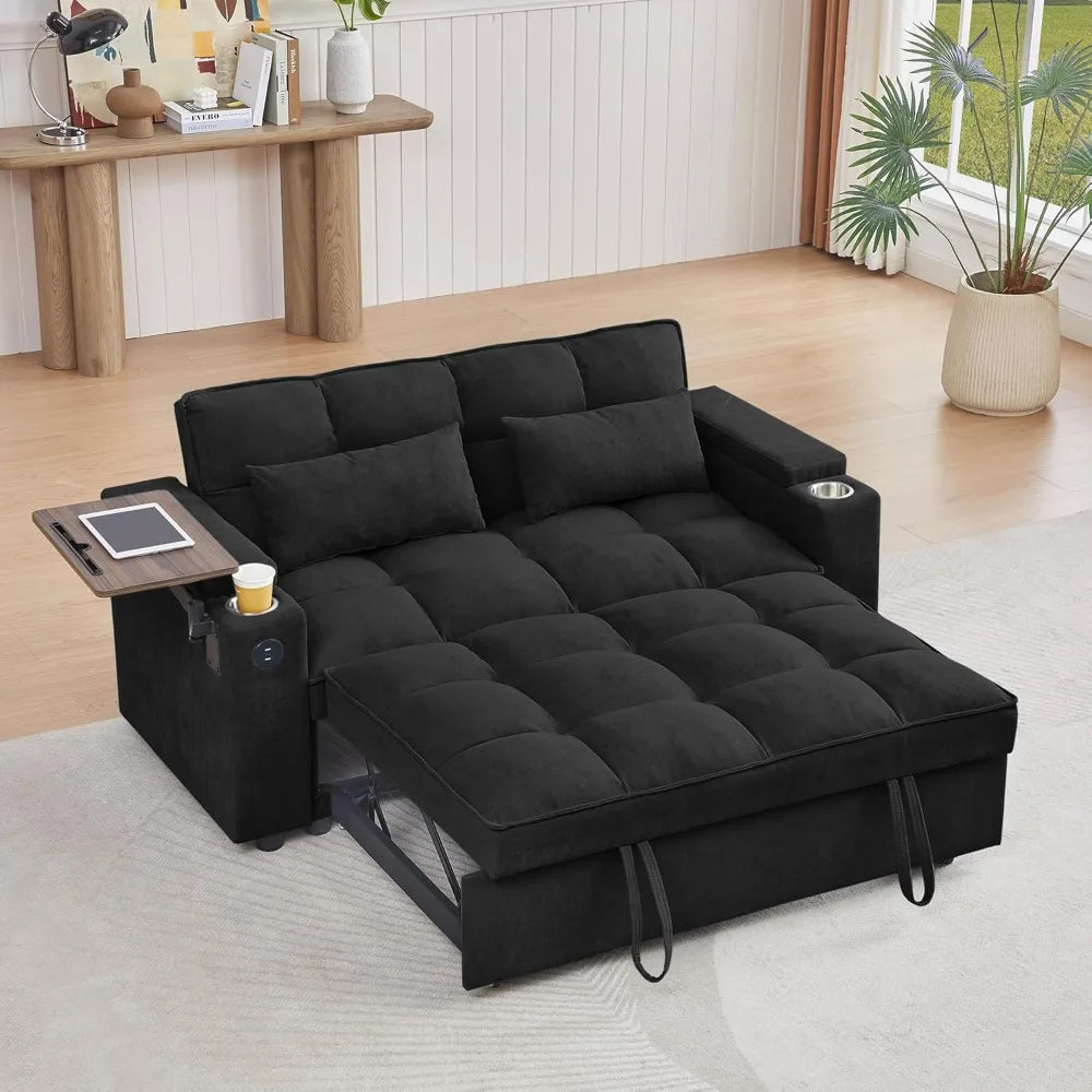65'' 3-in-1 Folding Convertible Sofa Bed, Pullout Sofa, Modern Chenille Fabric, 360° Swivel Side Table, Easy Assembly,