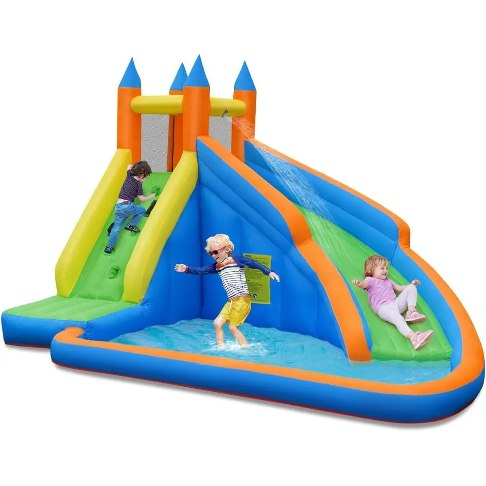 Iatable Water Slide, Giant Water Park Waterslide Iatables with Long Slide, Climbing Wall & Large Splashing Pool, Outdoor Blow up