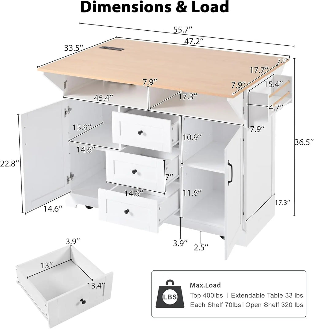 55.7" Large Kitchen Cart Island on Wheels with Foldable Table, Power Outlet, 3 Drawers, Wood Storage Cabinet