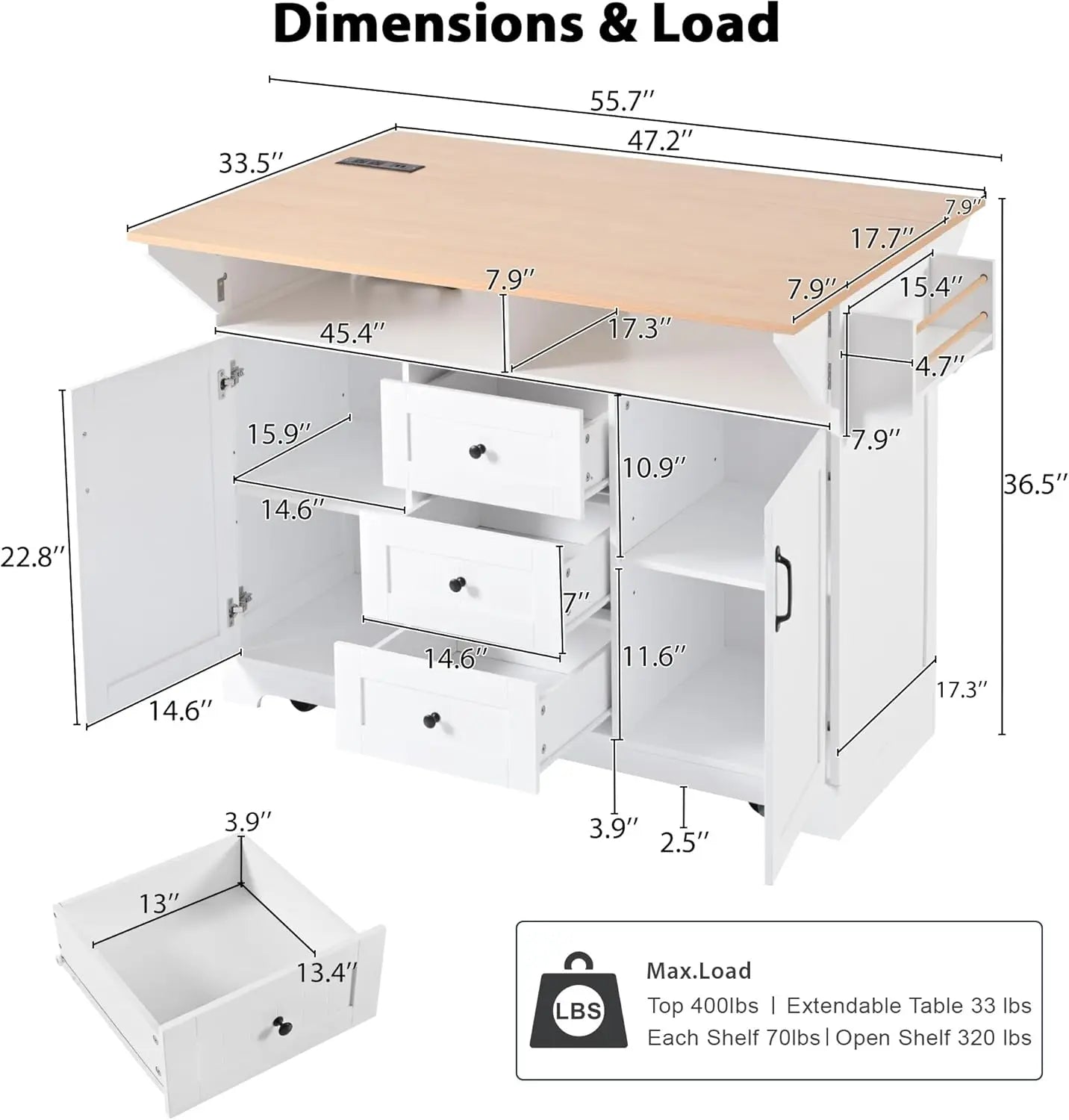55.7" Large Kitchen Cart Island on Wheels with Foldable Table, Power Outlet, 3 Drawers, Wood Storage Cabinet