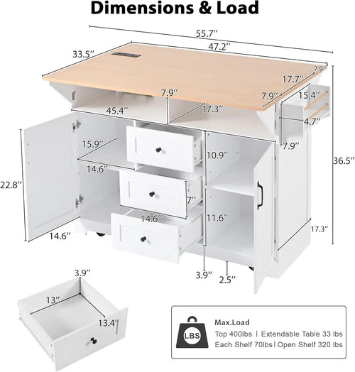 55.7" Large Kitchen Cart Island on Wheels with Foldable Table, Power Outlet, 3 Drawers, Wood Storage Cabinet