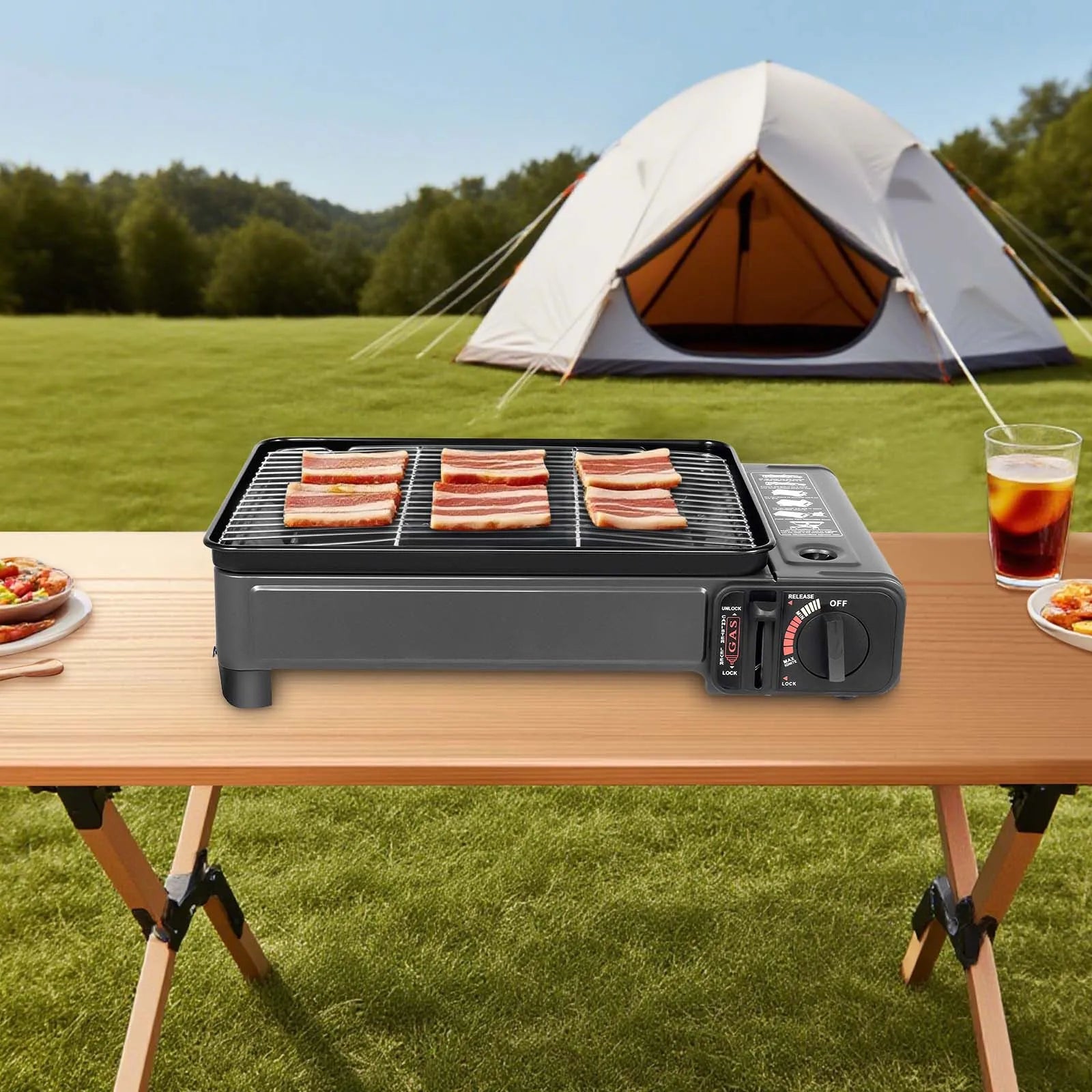 Portable Butane Grill Stove Camping Grill Gas Stove Free Standing BBQ Grill w/Grilling Net Carry Case for Camping Cooking
