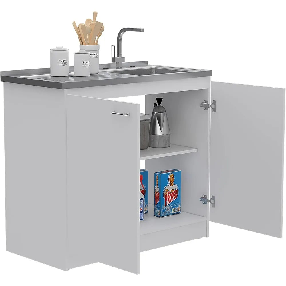 White Double Door Utility Sink Cabinet with 2 Shelves and Metal Handles