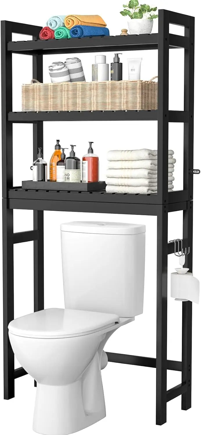 3-Tier Over Toilet Storage Shelf, Bamboo Bathroom Organizer with Hooks, Space-Saving Freestanding Rack for Small Spaces