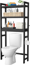 3-Tier Over Toilet Storage Shelf, Bamboo Bathroom Organizer with Hooks, Space-Saving Freestanding Rack for Small Spaces