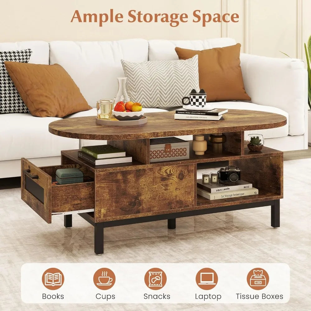Oval Wood Coffee Table with Storage and Drawer, 47-inch Accent Center Table for Small Spaces