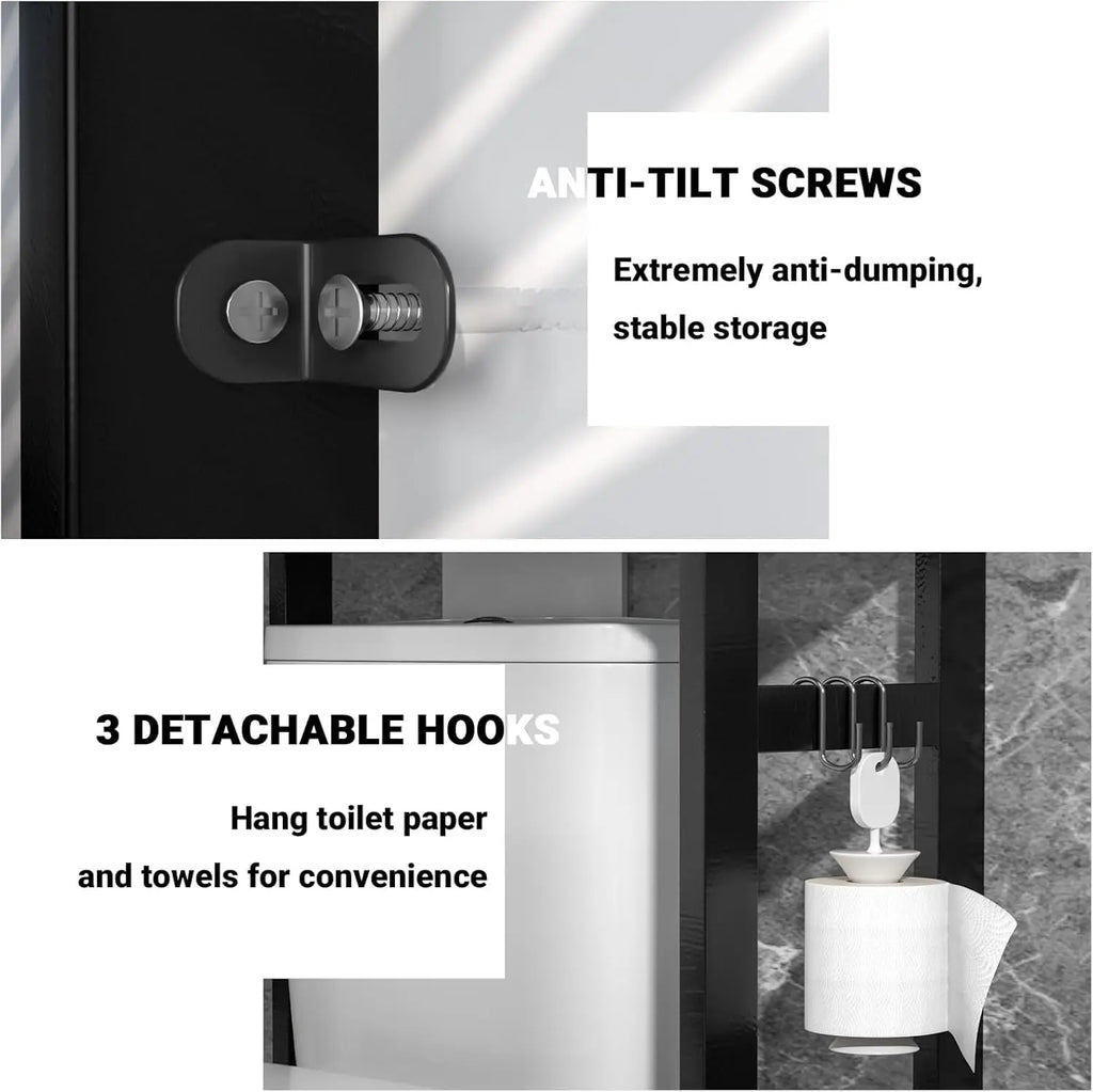 3-Tier Over Toilet Storage Shelf, Bamboo Bathroom Organizer with Hooks, Space-Saving Freestanding Rack for Small Spaces