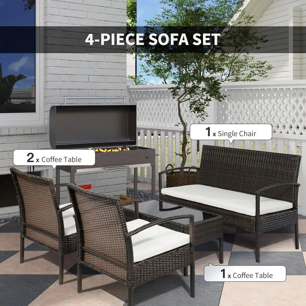 4 Piece Indoor Outdoor PE Wicker Conversation Set with Chairs, Loveseat Sofa, Cushions, Glass Table for Backyard, Sunroom, Pool,