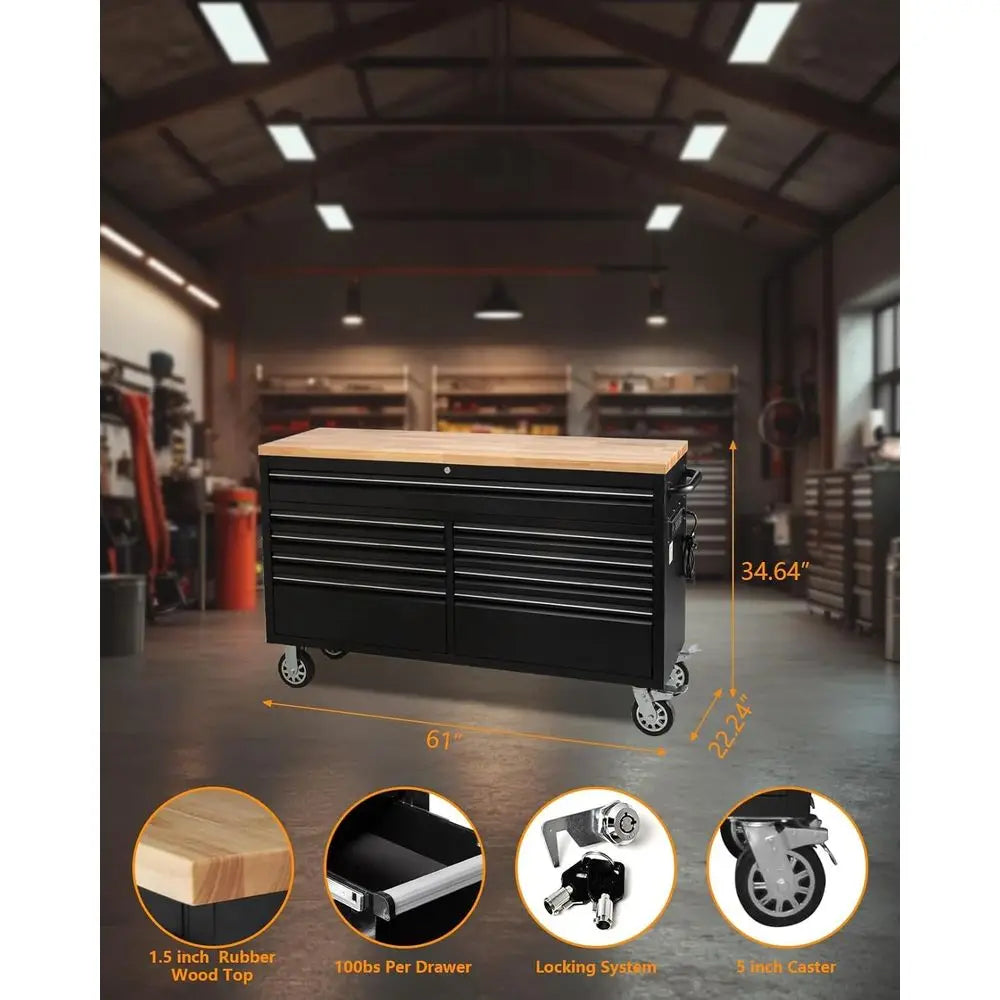 61 Rolling Tool Chest with 9 Drawers, Lockable Metal Cabinet for Workshops and Garages, Black