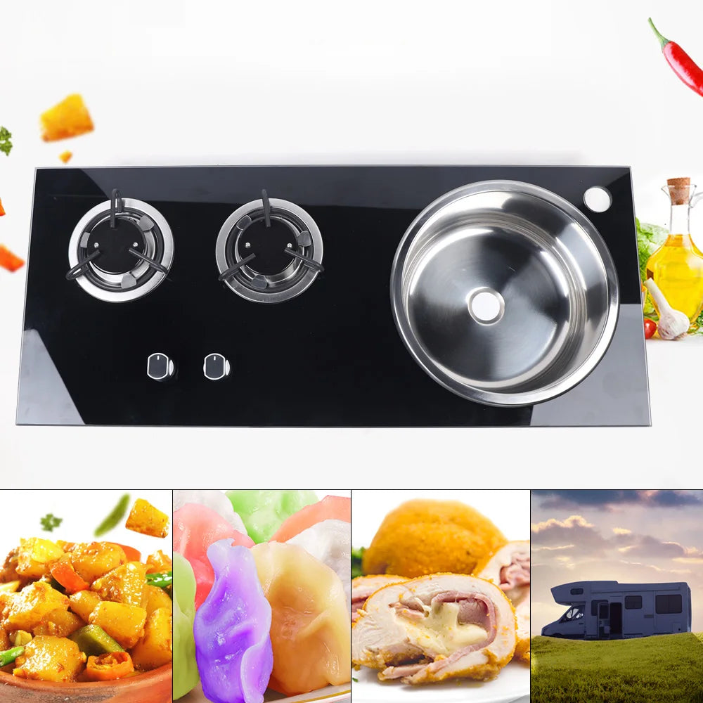 Boat Caravan RV Camper 2 Burner LPG Gas Stove Hob w/ Sink Combo Cooktop Tempered Glass Camping Outdoor Portable Dual Fuel Cooker