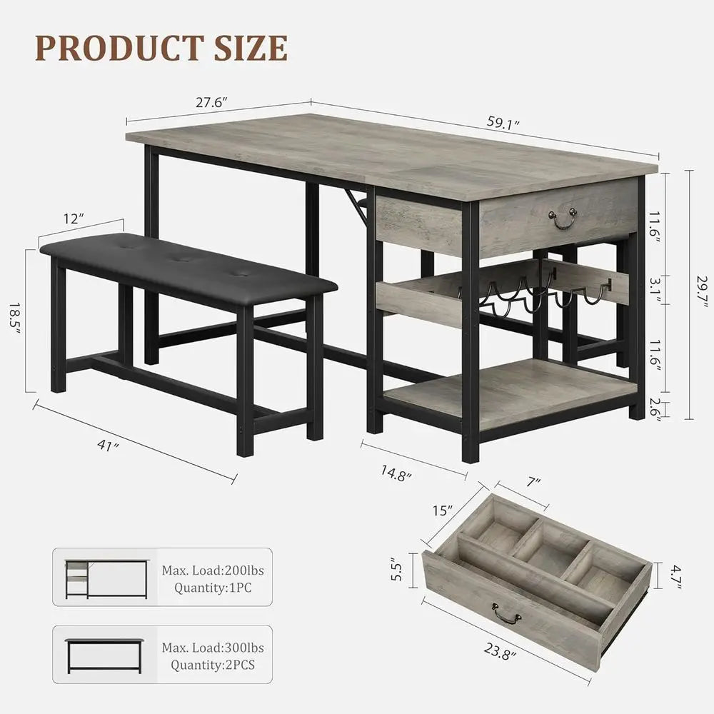 Kitchen Dining Table Set with Upholstered Benches, Storage Drawers & Wine Rack for Small Spaces - Grey