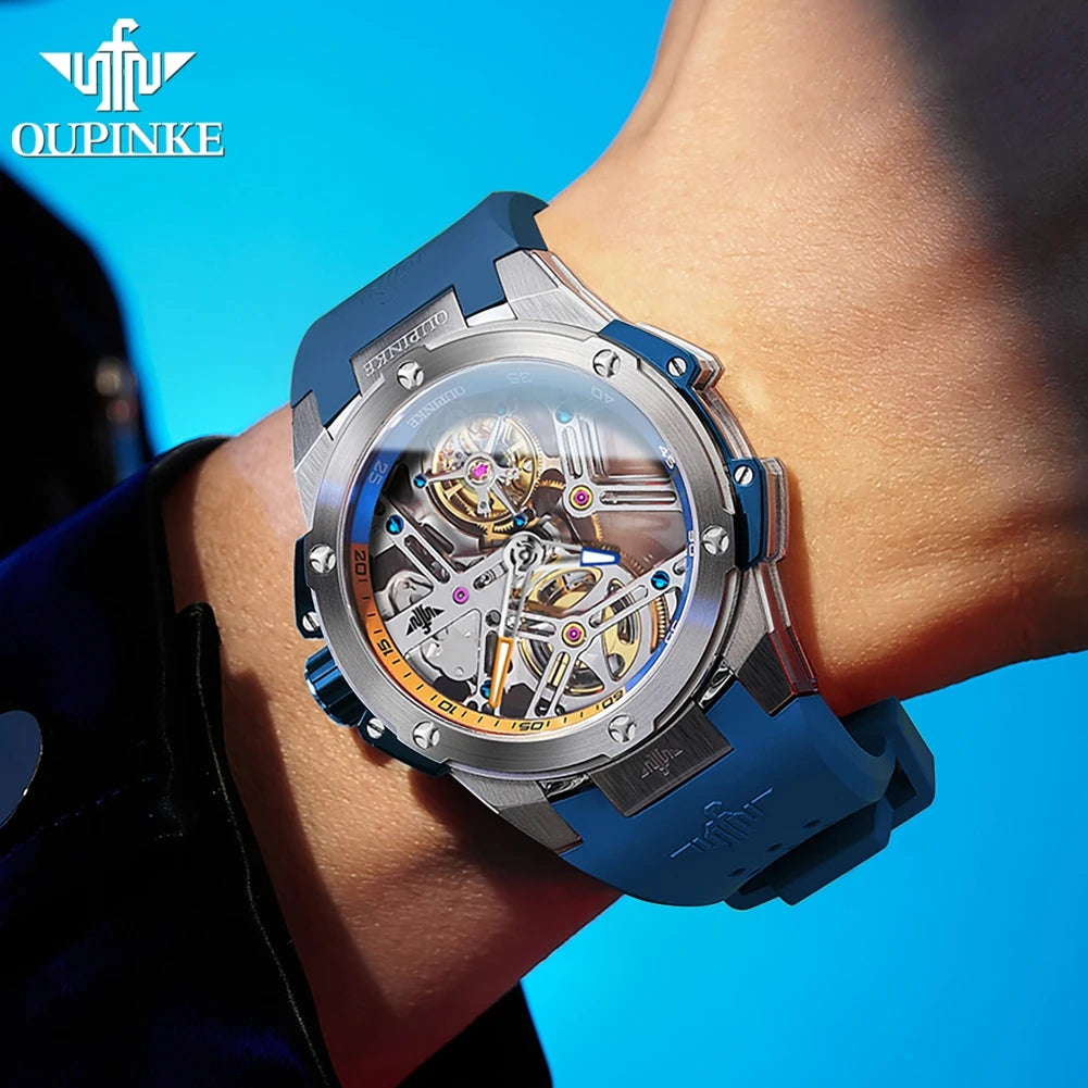 OUPINKE Tourbillon Movement Top Brand Men's Watches Waterproof Silicon Tape Automatic Mechanical Watch Hollow Out Original Watch