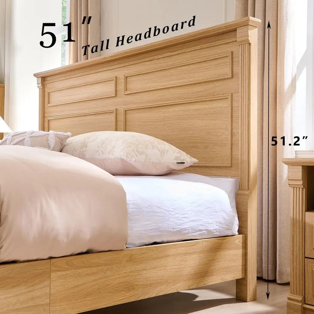 Natural King-Size Farmhouse Bed Frame with 51 High Headboard, Roman Column Footboard, and 3 Storage Drawers - No Box Spring Need