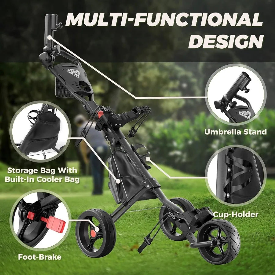 Golf Push Cart 3 Wheel Golf Cart Foldable Multiple Functions Golf Bag Cart for All Ages with Adjustable Handle - Lightw