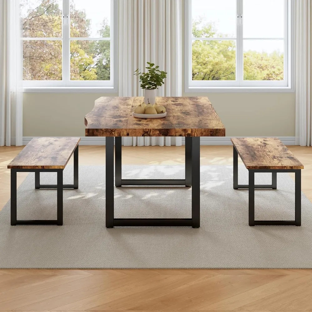63" Modern Dining Table Set with 2 Benches for 4-6 Persons, Thickened MDF Wooden Kitchen Table and Chairs