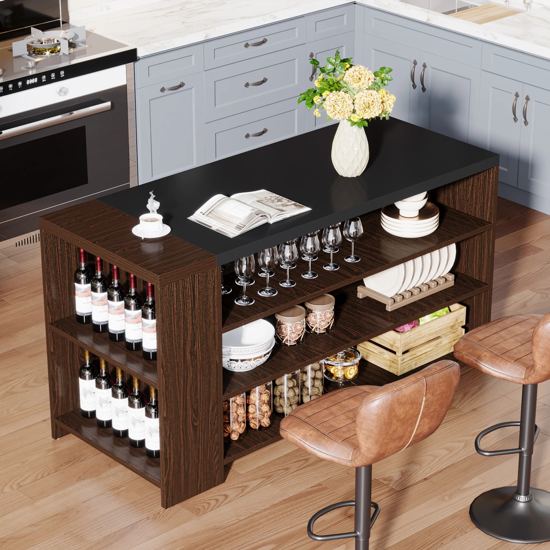 Tribesigns 55" Kitchen Island with Storage, Farmhouse 5-Tier Stationary Island Table with 5 Shelves, Wood Coffee Bar Table