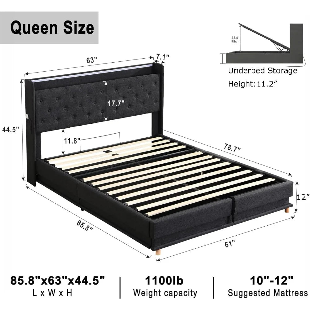 Lift Up Storage Bed Frame Queen Size with Charging Station & Led Lights,Upholstered Platform Bed with Wingback Storage Headboard