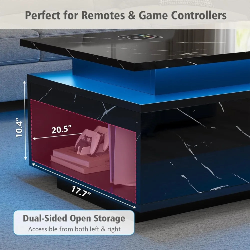 LED Coffee Table with Storage, Black Coffee Table with Wireless Charging and Speaker, High Glossy Modern Center Table with 24 Co