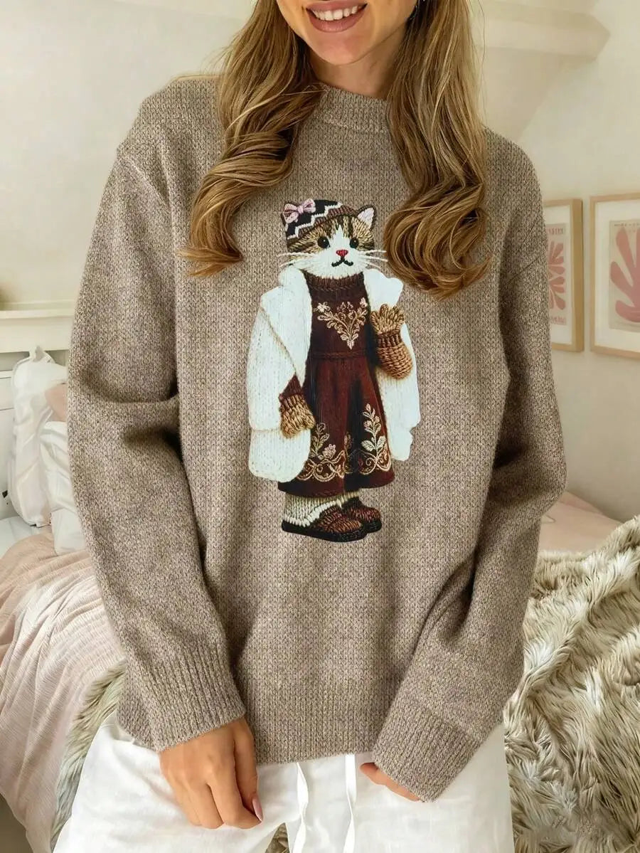 Navy Blue Collegiate Bear Print Pullover Sweater for Women, Autumn Winter Casual Style