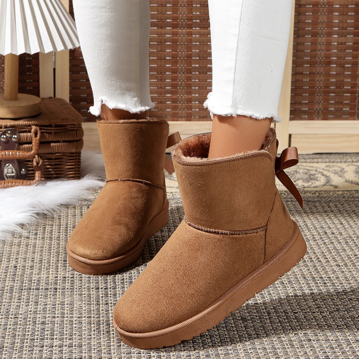 2025 New Women Snow Boots Couples Ankle Boots Fashion Round Toe Bow Thick Plush Casual Comfortable Women's Boots
