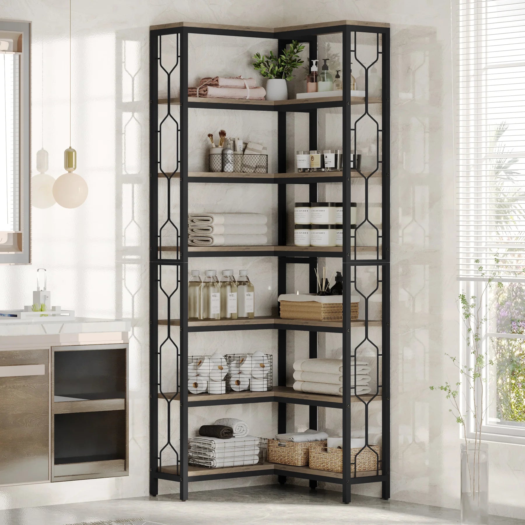 Tribesigns Corner Shelf, 7-Tier Industrial Corner Bookshelf, Wood and Metal Corner Etagere Bookcase
